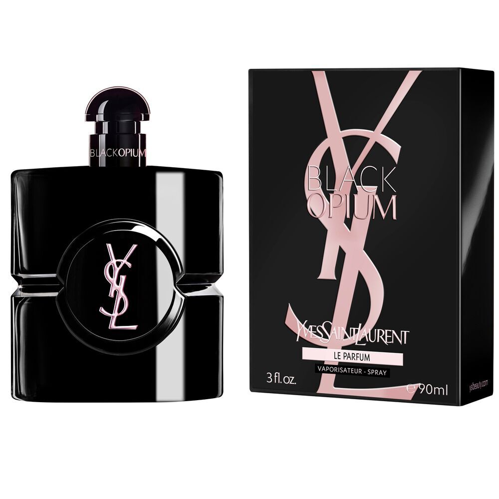 Black Opium Le Parfum bottle next to its black box featuring the pink YSL Cassandre.