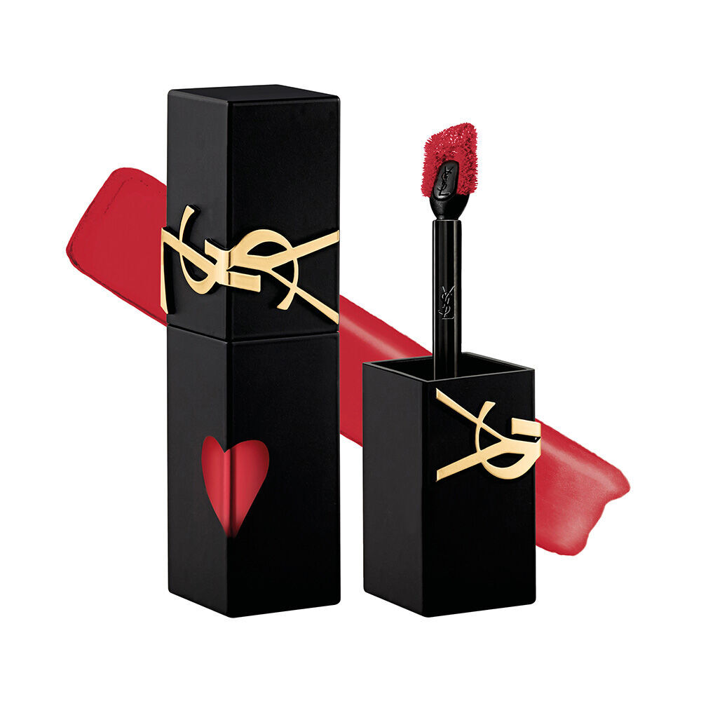 Matte black YSL lip stain bottle next to its unscrewed cap and applicator brush, displayed in front of a soft-matte liquid texture swatch.