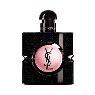 Black Opium Eau de Parfum in a black glitter bottle with a pink center, featuring the YSL logo.