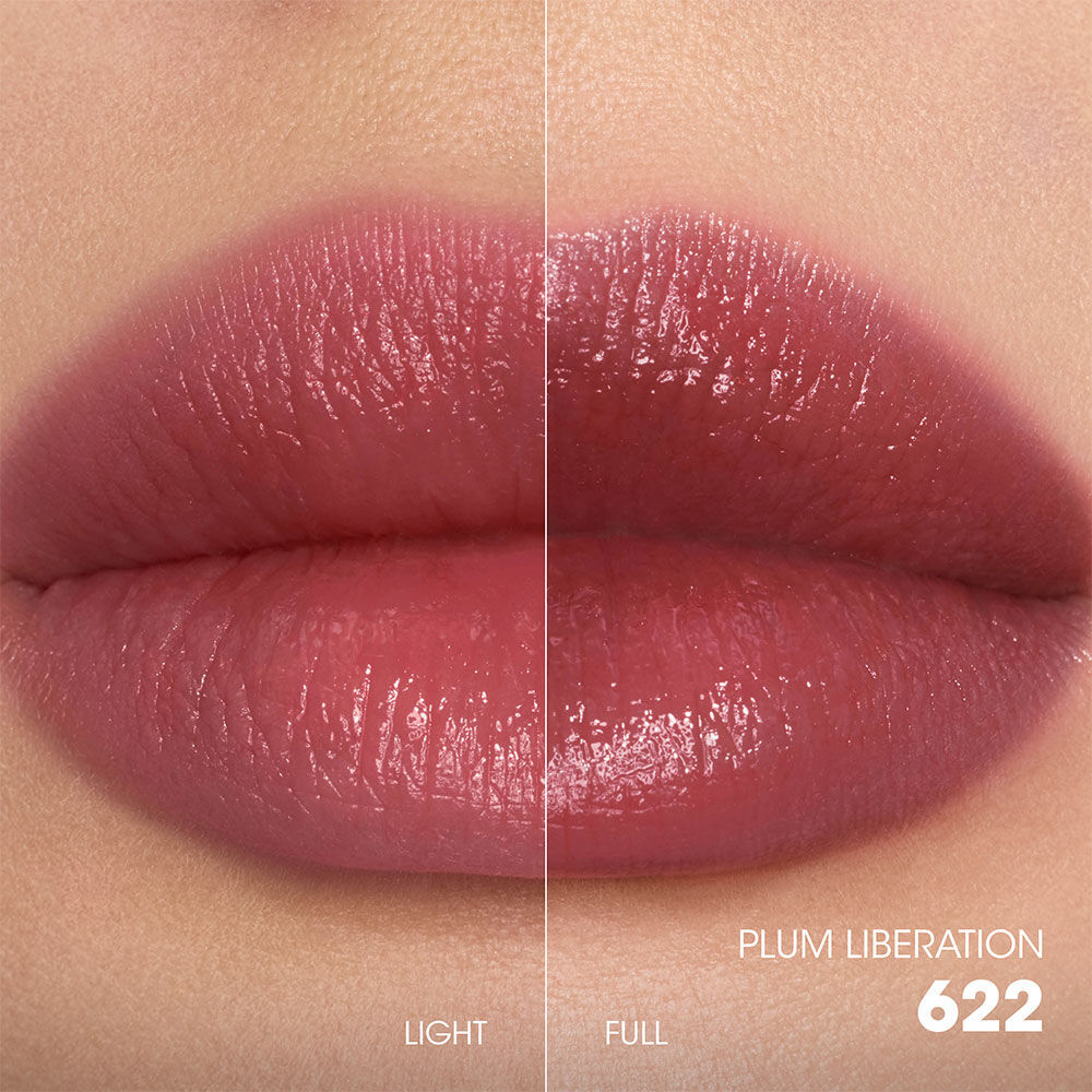Split-screen lip swatch comparison showing a soft, diffused "Light" application on the left and a bold, saturated "Full" application on the right.