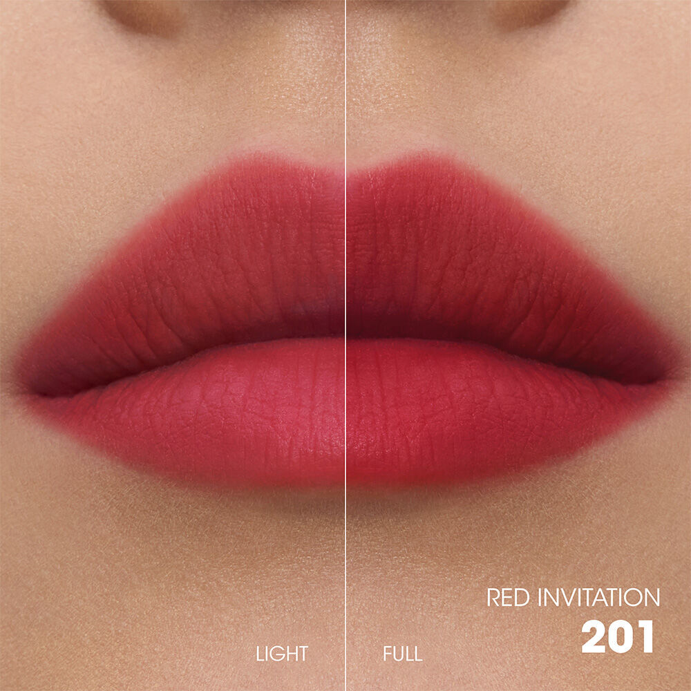 Split-screen lip swatch comparison showing a soft, diffused "Light" application on the left and a bold, saturated "Full" application on the right.