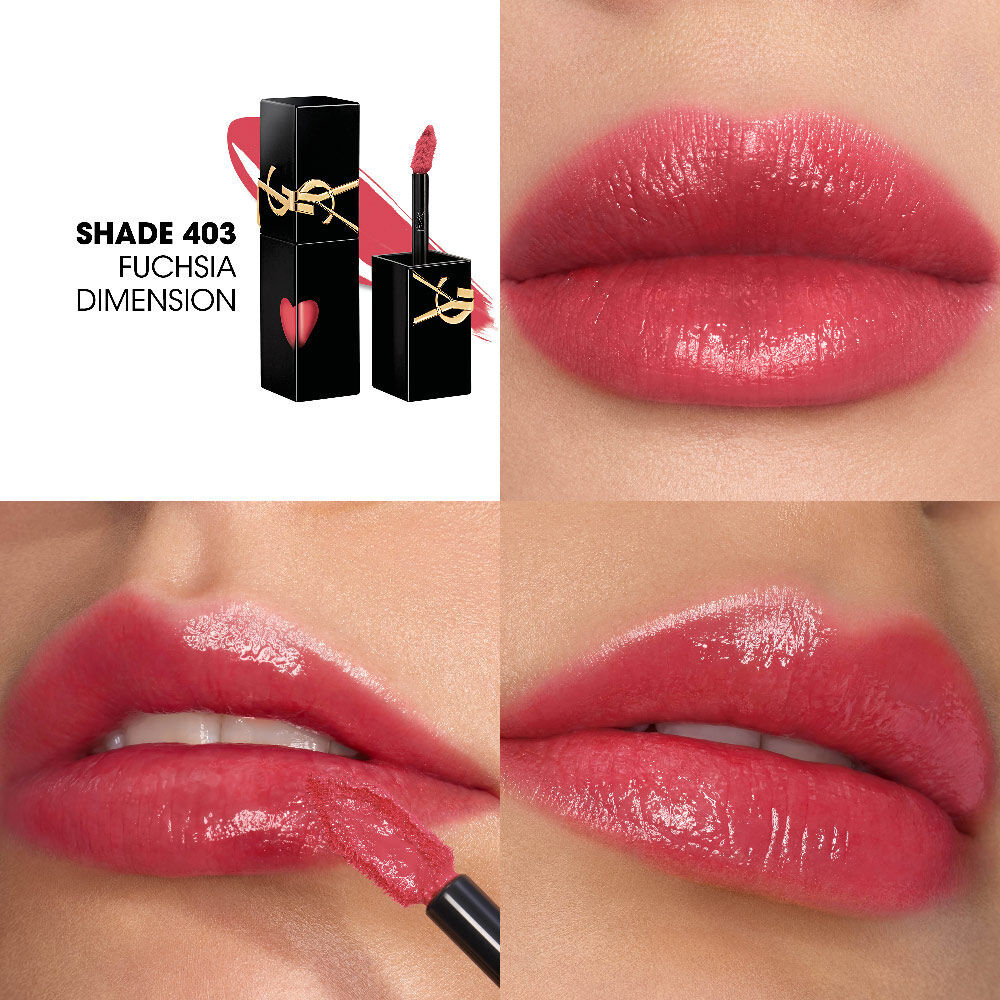 Collage showing the YSL lip stain bottle and texture swatch (top-left) alongside three close-up lip swatches on different skin tones, including one being applied with the wand.