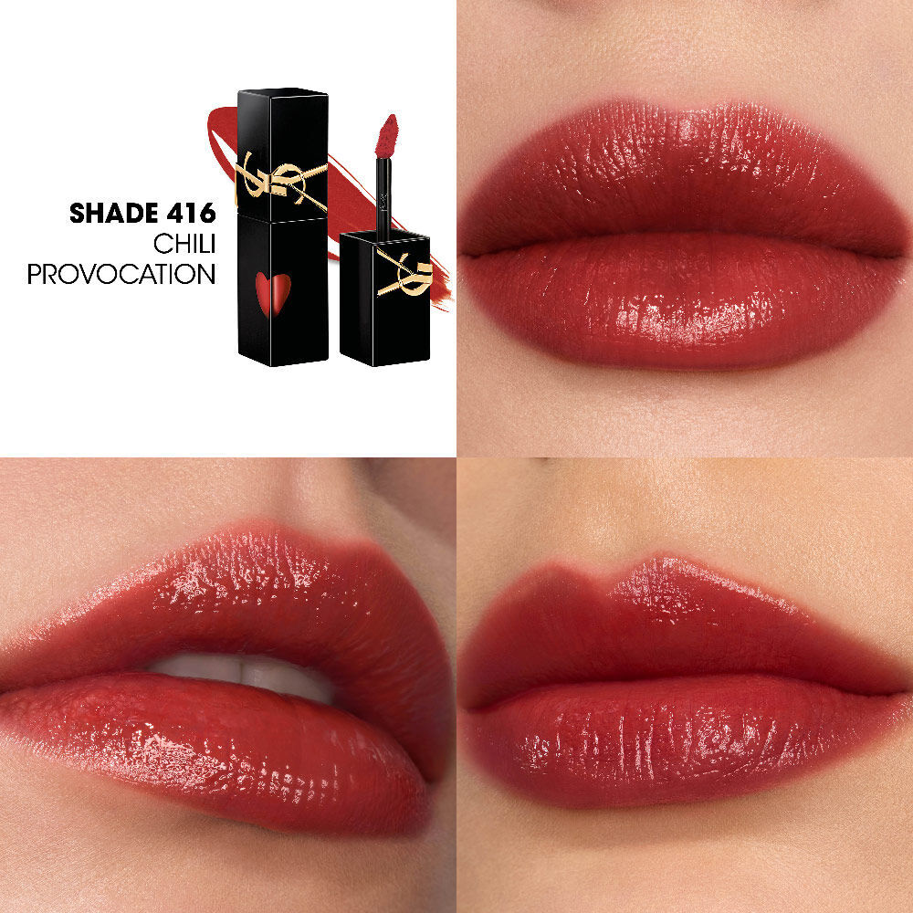 Collage showing the YSL lip stain bottle and texture swatch (top-left) alongside three close-up lip swatches on different skin tones, including one being applied with the wand.
