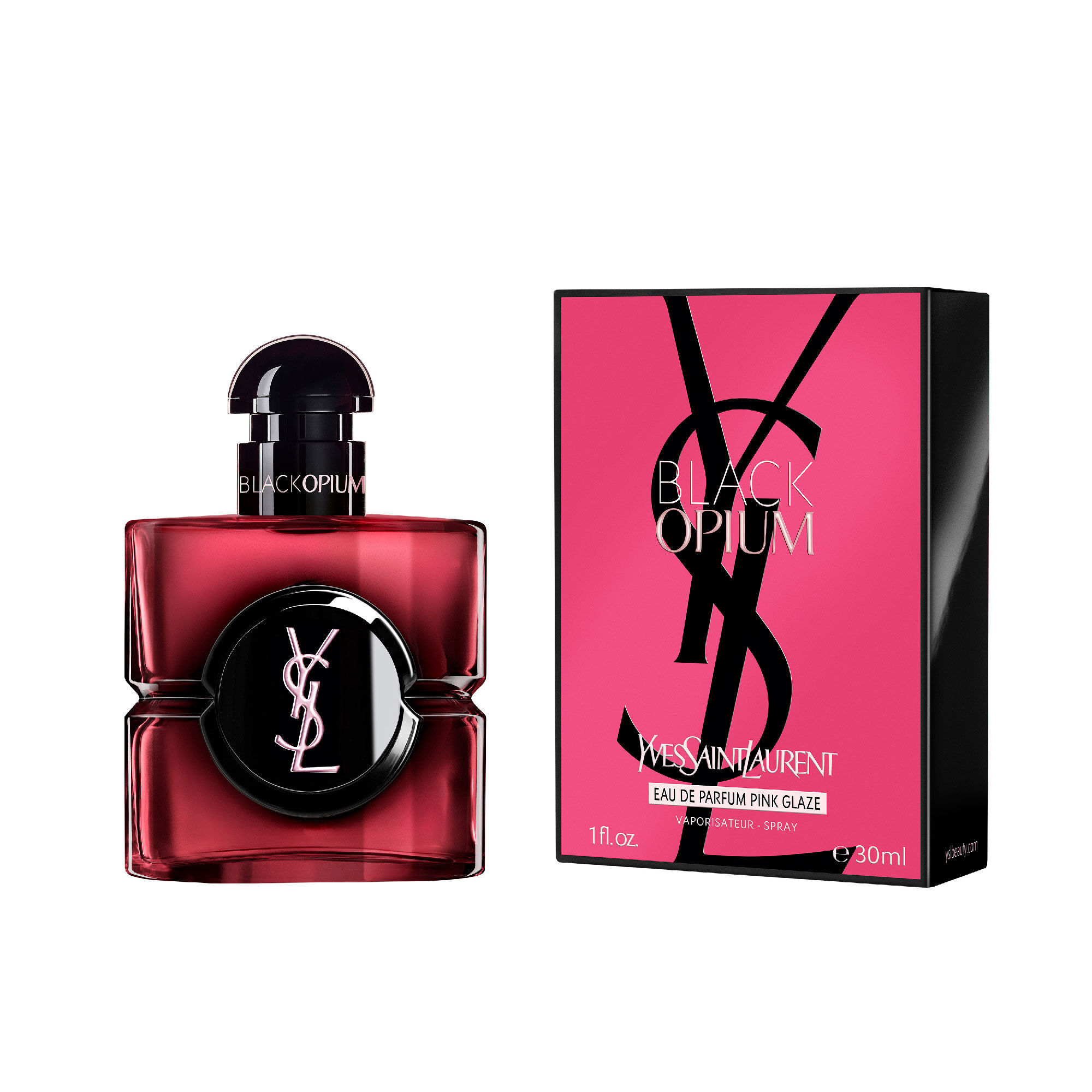 Black Opium Eau de Parfum Pink Glaze bottle next to
                        its fuchsia and black box featuring the YSL Cassandre.