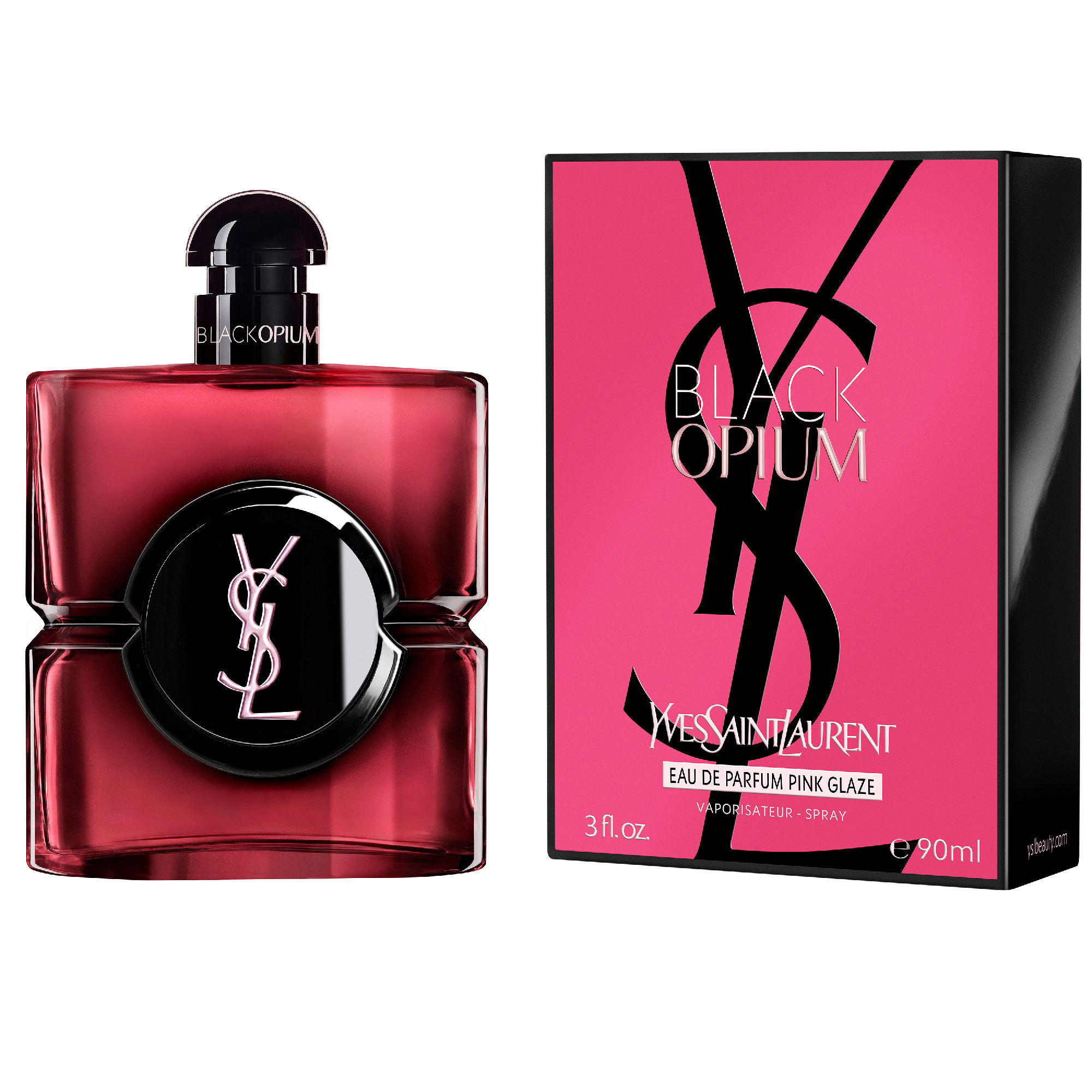 Black Opium Eau de Parfum Pink Glaze bottle next to
                        its fuchsia and black box featuring the YSL Cassandre.