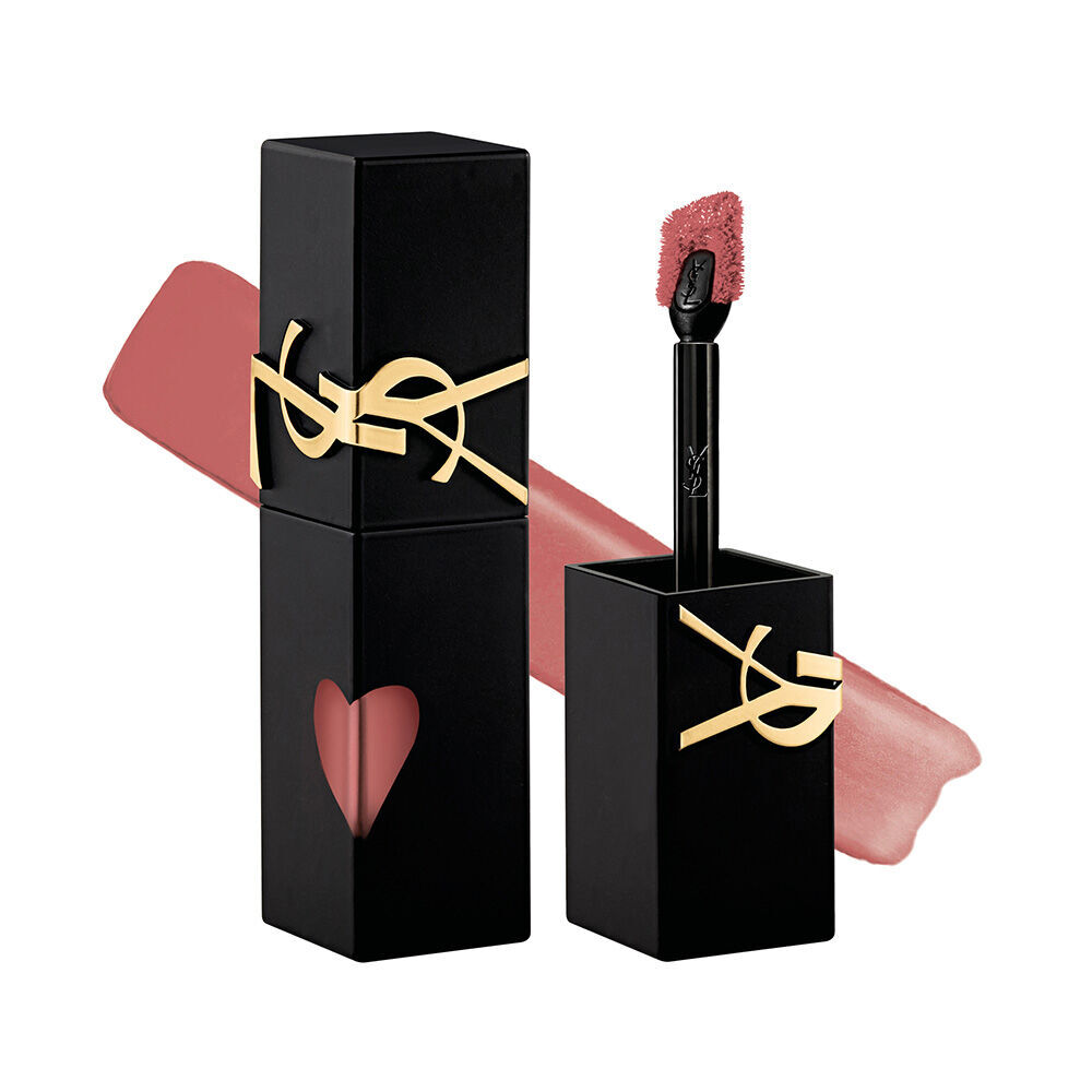 Matte black YSL lip stain bottle next to its unscrewed cap and applicator brush, displayed in front of a soft-matte liquid texture swatch.