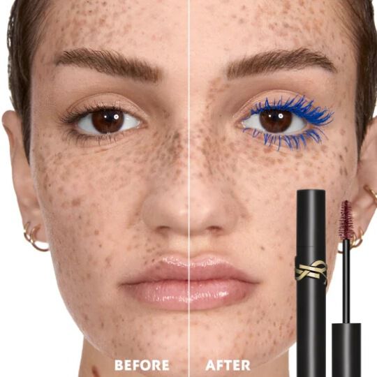 Before and after comparison of Lash Clash Mascara in electric blue on a woman with freckles. The 