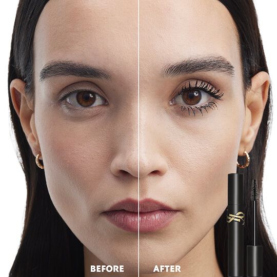 Before and after comparison of Lash Clash Mascara in plum. The 