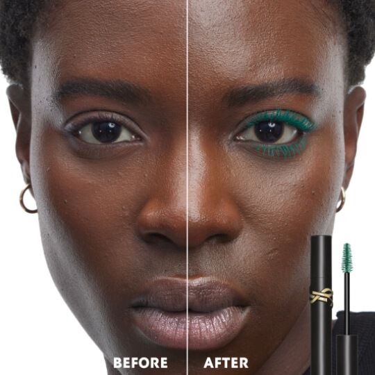 Before and after comparison of Yves Saint Laurent Lash Clash Mascara in teal green on a woman with dark skin. The 