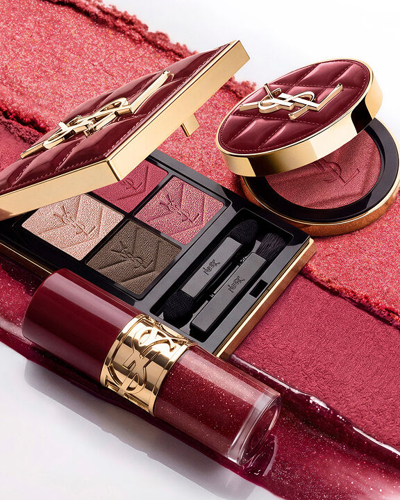 YSL Holiday makeup duo on burgundy texture strokes with palette and gloss