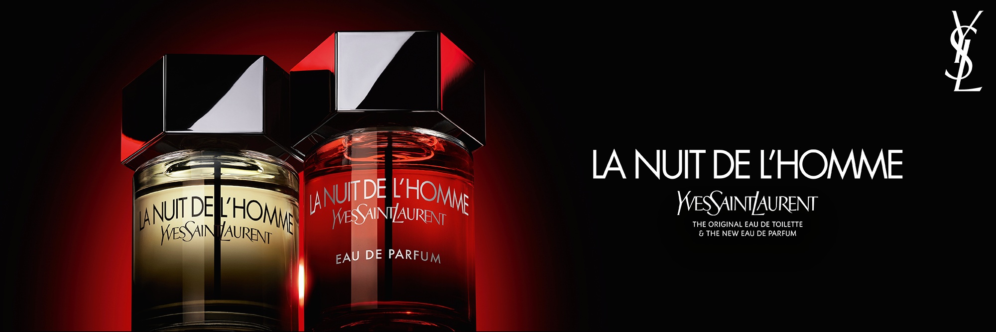 A dramatic shot of the La Nuit de l’Homme Eau de Toilette and Eau de Parfum
bottles side-by-side, contrasting the classic amber juice with the new intense
red gradient.