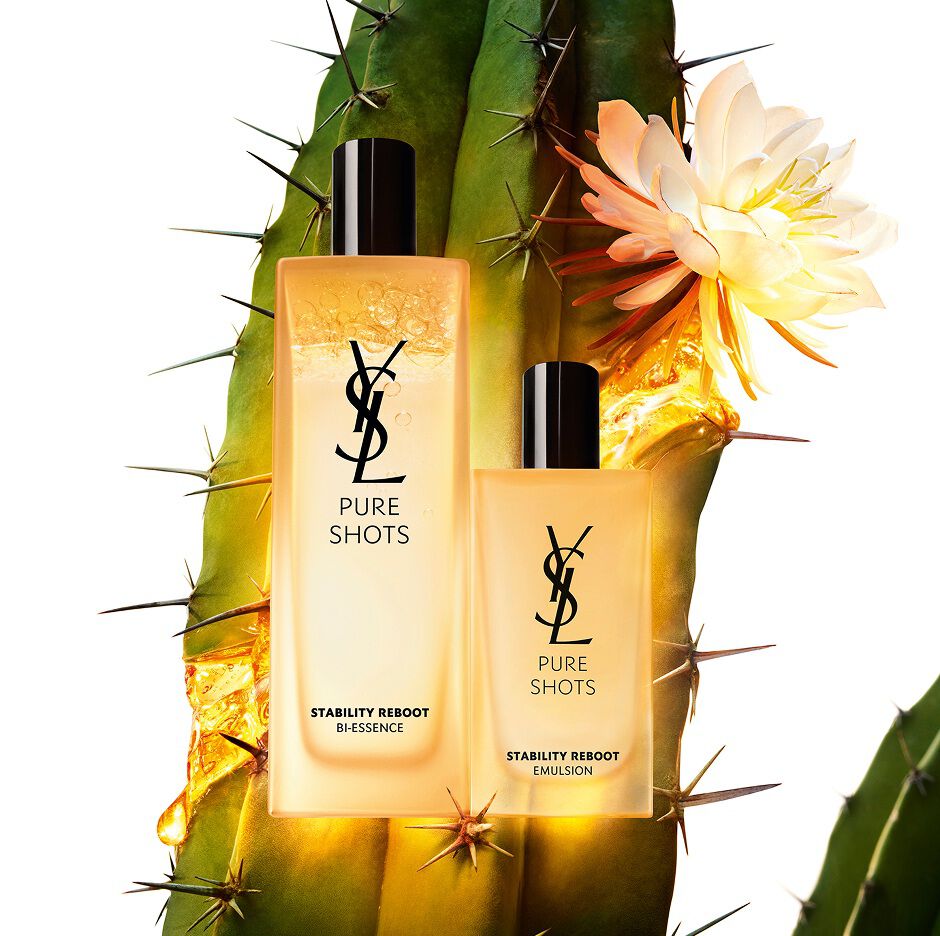 YSL Pure Shots Stability Reboot skincare bottles with cactus and flower