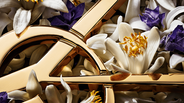 Close-up of YSL logo surrounded by white and purple flowers.