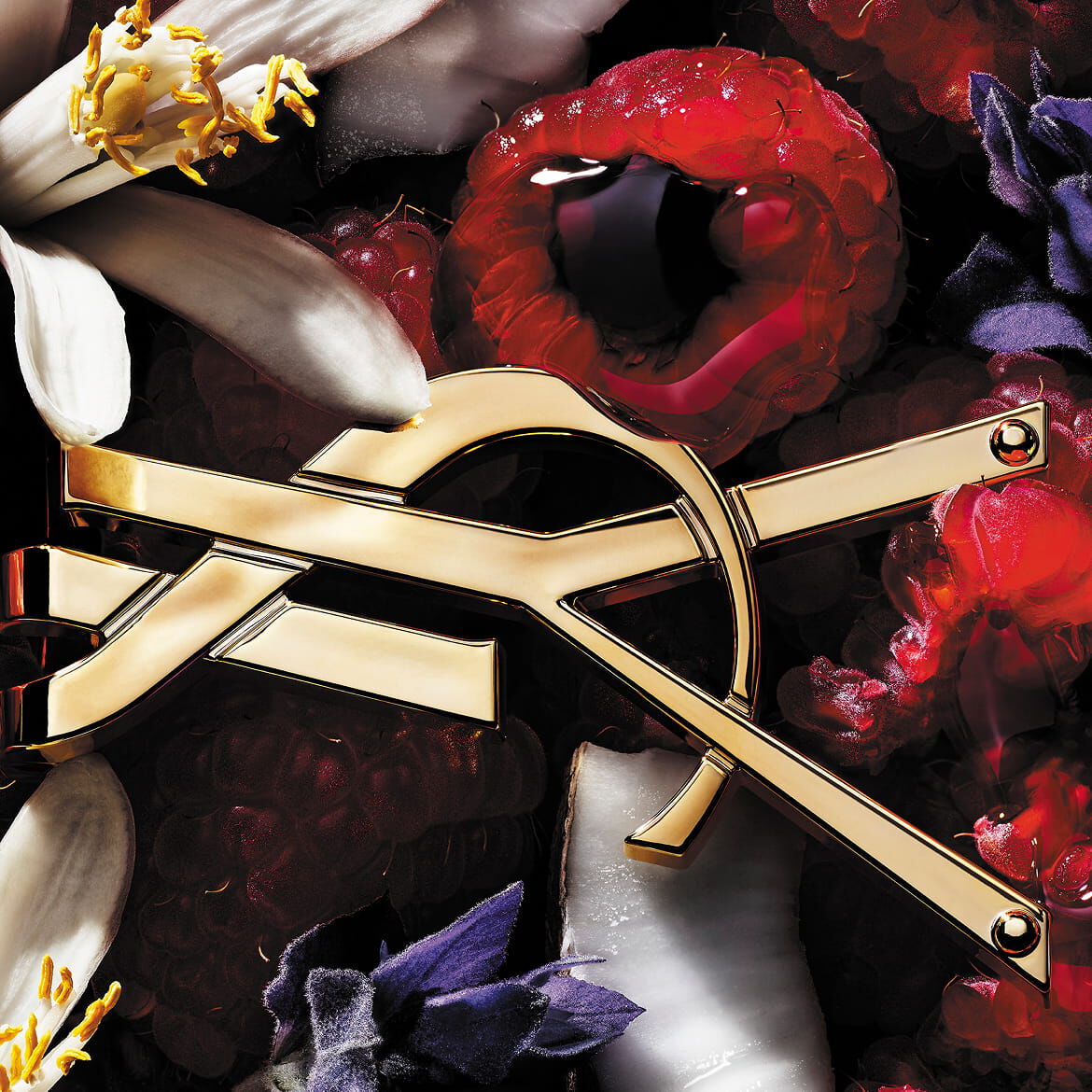Red YSL perfume bottle with golden logo, on a golden surface with raspberries.