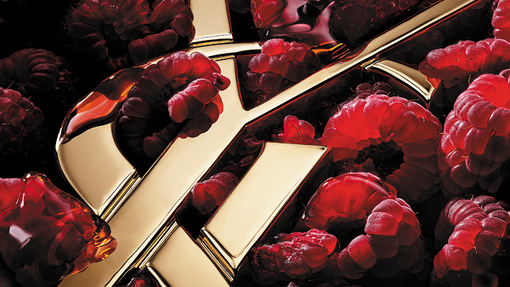 Close-up of YSL logo surrounded by red raspberries.