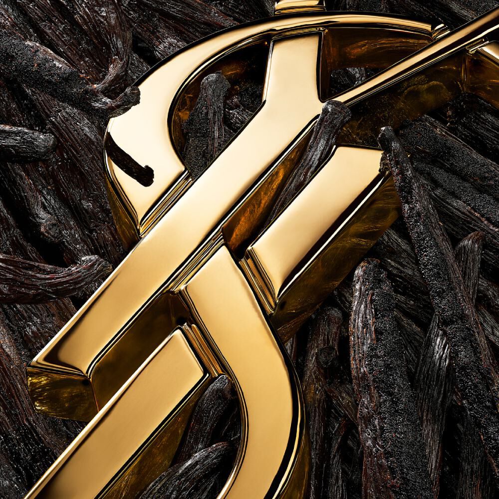 Close-up of the golden YSL logo partially embedded within a dense pile of dark, textured vanilla pods, showing intricate details of both.